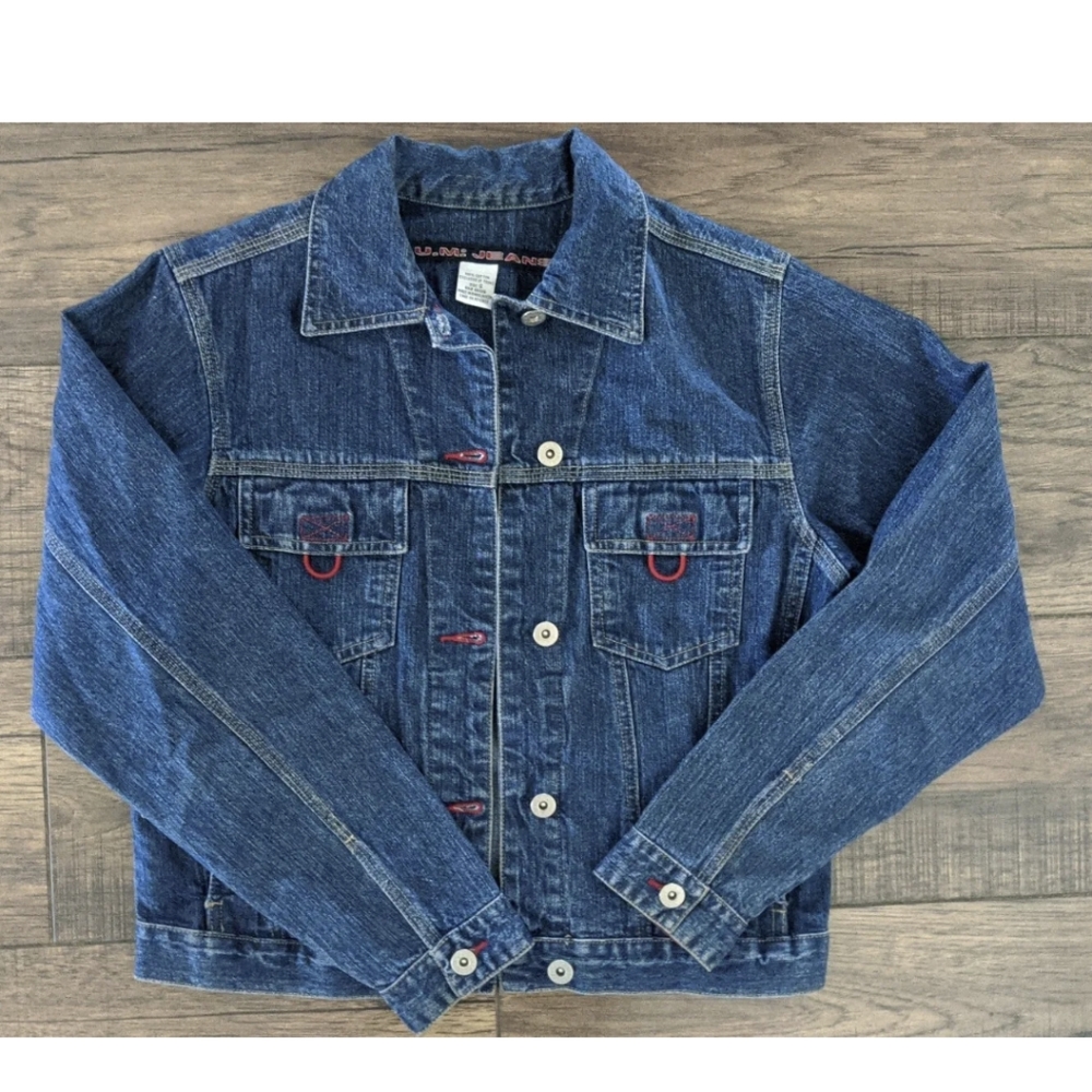 B.U.M. Jeans Women's 100% Cotton Denim Jacket Long Sleeve Size Small Red Accents